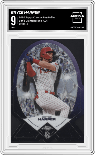Bryce Harper from the 2020 Topps Chrome Ben Baller Edition set graded by Arena Club and given an overall grade of 9.