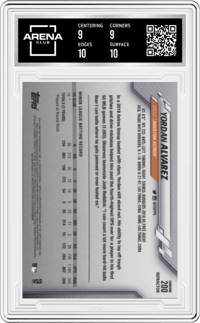 Yordan Alvarez from the 2020 Topps Chrome set featuring a Refractor  parallel graded by Arena Club and given an overall grade of 9.5.