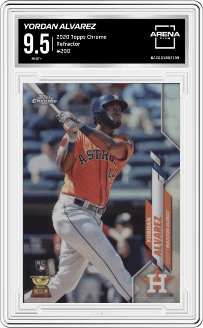 Yordan Alvarez from the 2020 Topps Chrome set featuring a Refractor  parallel graded by Arena Club and given an overall grade of 9.5.