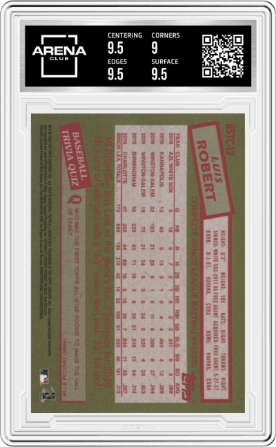 Luis Robert from the 2020 Topps Chrome set graded by Arena Club and given an overall grade of 9.5.