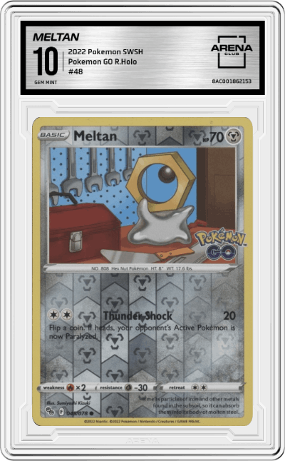 Meltan from the 2022 Pokemon SWSH set graded by Arena Club and given an overall grade of 10.