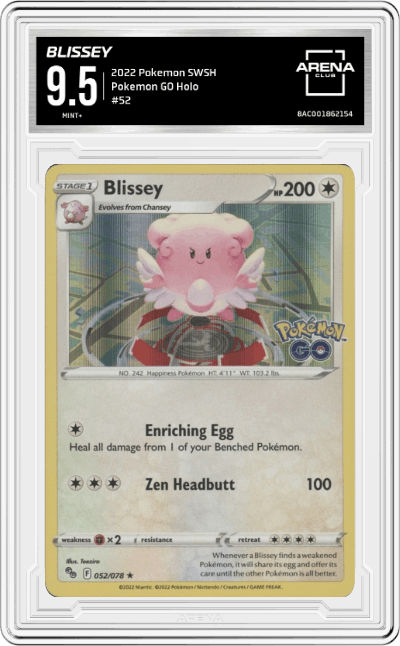 Blissey  from the 2022 Pokemon SWSH set graded by Arena Club and given an overall grade of 9.5.