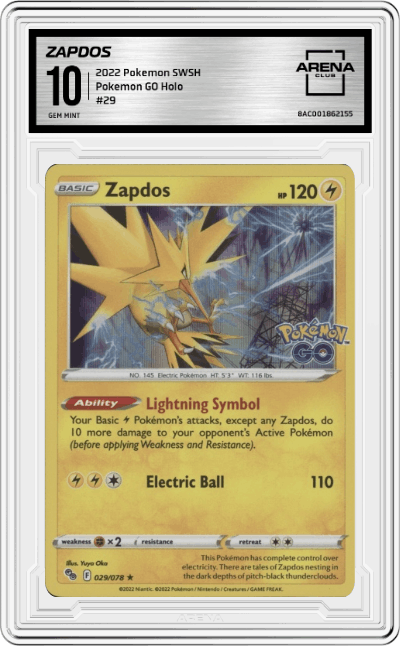 Zapdos from the 2022 Pokemon SWSH set graded by Arena Club and given an overall grade of 10.