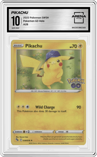 Pikachu from the 2022 Pokemon SWSH set graded by Arena Club and given an overall grade of 10.