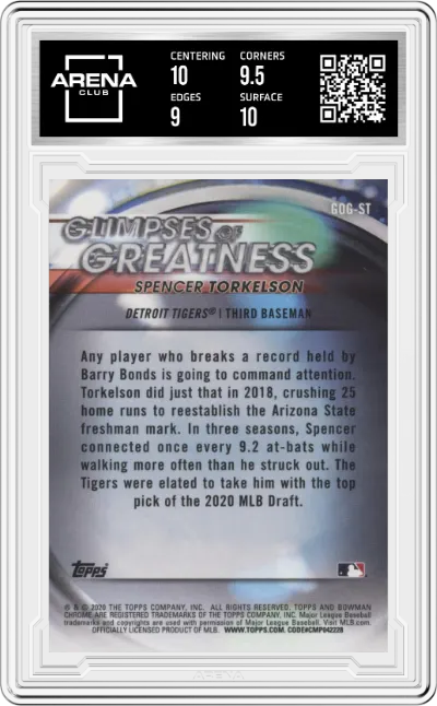 Spencer Torkelson from the 2020 Bowman Draft set graded by Arena Club and given an overall grade of 9.5.
