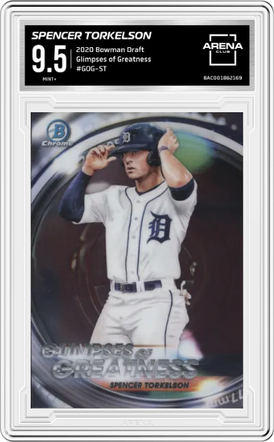 Spencer Torkelson from the 2020 Bowman Draft set graded by Arena Club and given an overall grade of 9.5.