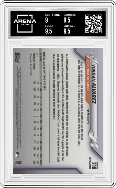 Yordan Alvarez from the 2020 Topps Chrome set featuring a X-Fractor parallel graded by Arena Club and given an overall grade of 9.5.