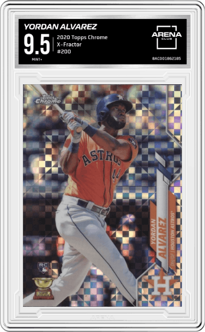 Yordan Alvarez from the 2020 Topps Chrome set featuring a X-Fractor parallel graded by Arena Club and given an overall grade of 9.5.