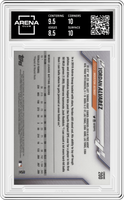Yordan Alvarez from the 2020 Topps Chrome set graded by Arena Club and given an overall grade of 9.