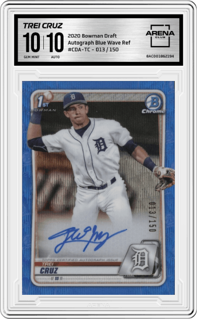 Trei Cruz from the 2020 Bowman Draft set featuring a Blue Wave Refractor  parallel graded by Arena Club and given an overall grade of 10.