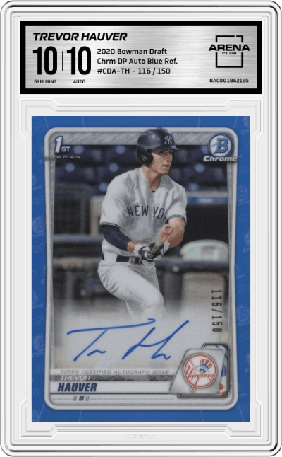 Trevor Hauver from the 2020 Bowman Draft set featuring a Blue Refractor parallel graded by Arena Club and given an overall grade of 10.