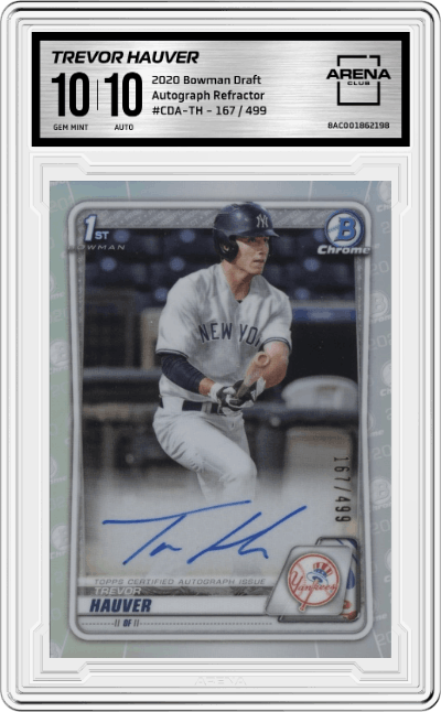 Trevor Hauver from the 2020 Bowman Draft set featuring a Refractor parallel graded by Arena Club and given an overall grade of 10.