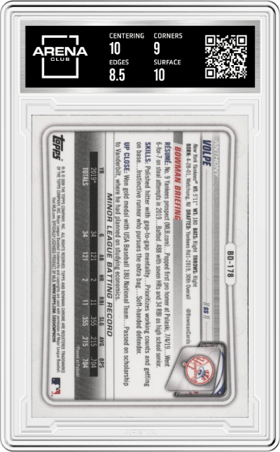 Anthony Volpe from the 2020 Bowman Draft set featuring a Sparkle Refractor  parallel graded by Arena Club and given an overall grade of 9.