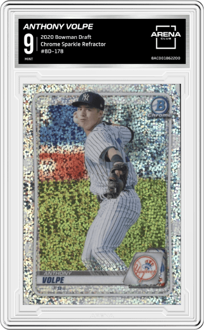 Anthony Volpe from the 2020 Bowman Draft set featuring a Sparkle Refractor  parallel graded by Arena Club and given an overall grade of 9.