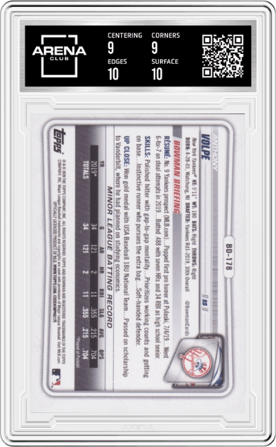 Anthony Volpe from the 2020 Bowman Draft set featuring a Green Border parallel graded by Arena Club and given an overall grade of 9.5.