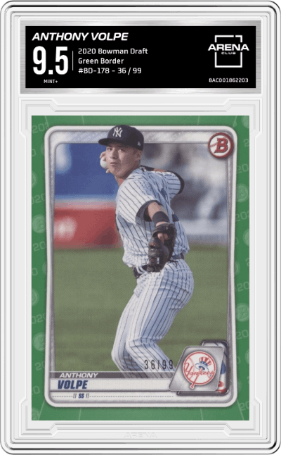 Anthony Volpe from the 2020 Bowman Draft set featuring a Green Border parallel graded by Arena Club and given an overall grade of 9.5.