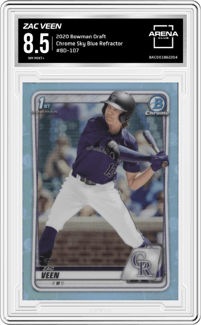 Zac Veen from the 2020 Bowman Draft set featuring a Sky Blue Refractor  parallel graded by Arena Club and given an overall grade of 8.5.