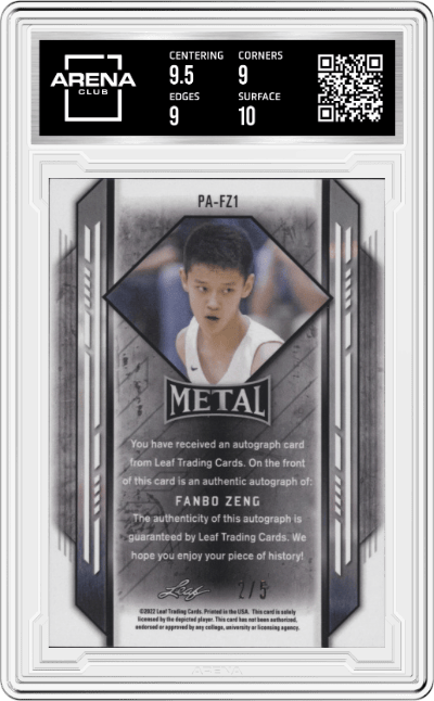 Fanbo Zeng from the 2021-22 Leaf Metal set featuring a Orange Wave parallel graded by Arena Club and given an overall grade of 9.5.