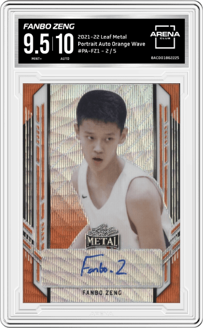Fanbo Zeng from the 2021-22 Leaf Metal set featuring a Orange Wave parallel graded by Arena Club and given an overall grade of 9.5.