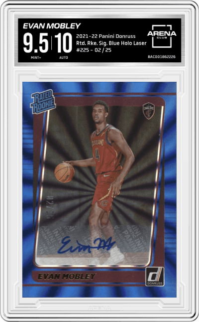 Evan Mobley from the 2021-22 Panini Donruss set featuring a  Blue Holo Laser parallel graded by Arena Club and given an overall grade of 9.5.
