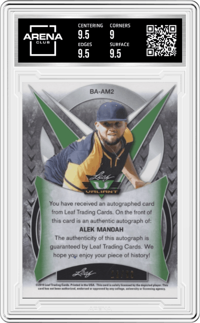 Alek Manoah from the 2019 Leaf Valiant set featuring a Green parallel graded by Arena Club and given an overall grade of 9.5.