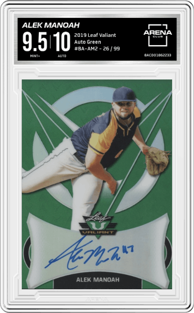 Alek Manoah from the 2019 Leaf Valiant set featuring a Green parallel graded by Arena Club and given an overall grade of 9.5.