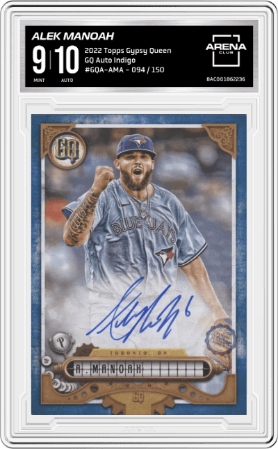 Alek Manoah from the 2022 Topps Gypsy Queen set featuring a Indigo parallel graded by Arena Club and given an overall grade of 9.