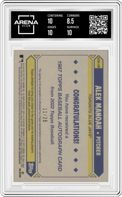 Alek Manoah from the 2022 Topps   set featuring a Red parallel graded by Arena Club and given an overall grade of 9.