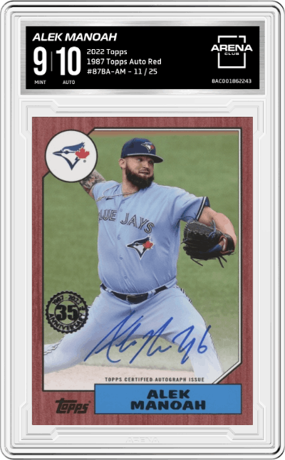 Alek Manoah from the 2022 Topps   set featuring a Red parallel graded by Arena Club and given an overall grade of 9.