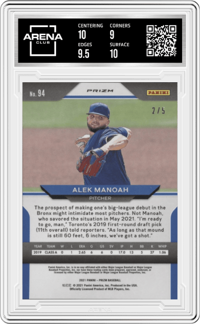 Alek Manoah from the 2021 Panini Prizm set featuring a Prizm White Donut Circles parallel graded by Arena Club and given an overall grade of 9.5.