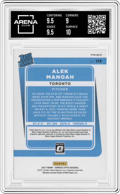 Alek Manoah from the 2021 Panini Donruss Optic set featuring a Photon parallel graded by Arena Club and given an overall grade of 9.5.