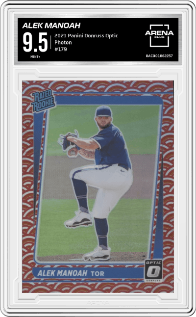 Alek Manoah from the 2021 Panini Donruss Optic set featuring a Photon parallel graded by Arena Club and given an overall grade of 9.5.
