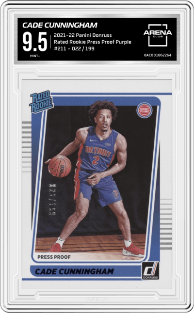 Cade Cunningham from the 2021-22 Panini Donruss set featuring a Purple Press Proof parallel graded by Arena Club and given an overall grade of 9.5.