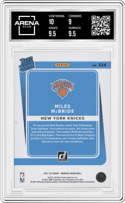 Miles McBride from the 2021-22 Panini Donruss set featuring a Gold Holo Laser   parallel graded by Arena Club and given an overall grade of 9.5.