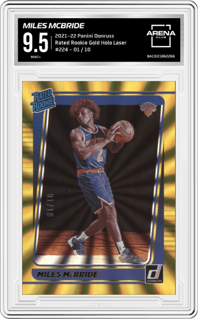 Miles McBride from the 2021-22 Panini Donruss set featuring a Gold Holo Laser   parallel graded by Arena Club and given an overall grade of 9.5.