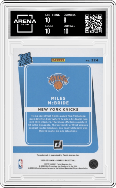 Miles McBride from the 2021-22 Panini Donruss set featuring a Choice Red parallel graded by Arena Club and given an overall grade of 9.5.
