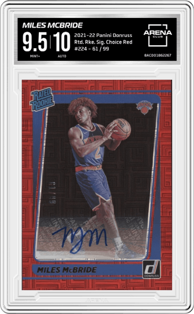 Miles McBride from the 2021-22 Panini Donruss set featuring a Choice Red parallel graded by Arena Club and given an overall grade of 9.5.