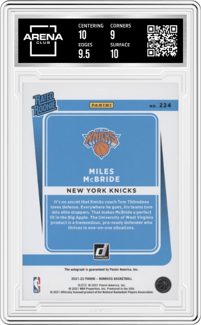 Miles McBride from the 2021-22 Panini Donruss set featuring a Choice  parallel graded by Arena Club and given an overall grade of 9.5.