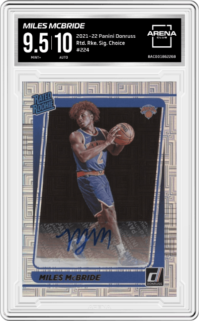 Miles McBride from the 2021-22 Panini Donruss set featuring a Choice  parallel graded by Arena Club and given an overall grade of 9.5.