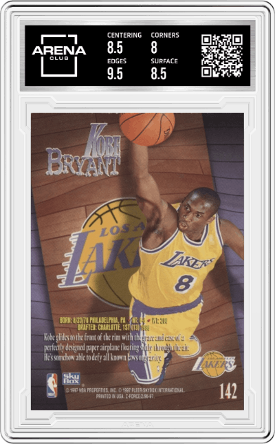 Kobe Bryant from the 1996-97 Skybox Z-Force set graded by Arena Club and given an overall grade of 8.5.