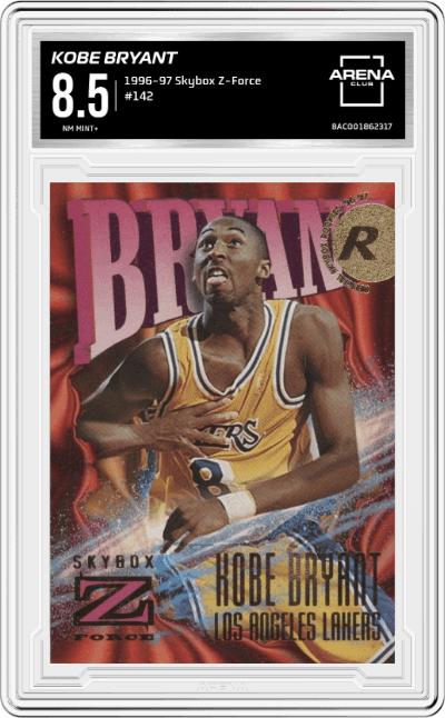 Kobe Bryant from the 1996-97 Skybox Z-Force set graded by Arena Club and given an overall grade of 8.5.