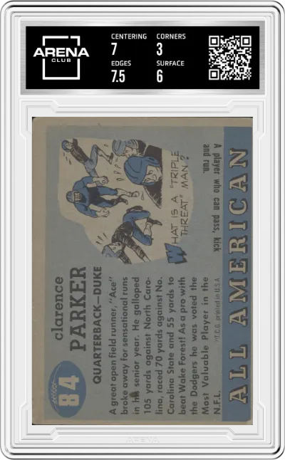 Ace Parker from the 1955 Topps All-American set graded by Arena Club and given an overall grade of 3.5.