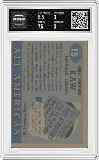 Eddie Kaw from the 1955 Topps All-American set graded by Arena Club and given an overall grade of 3.5.