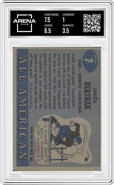 Andy Bershak from the 1955 Topps All-American set graded by Arena Club and given an overall grade of 1.5.