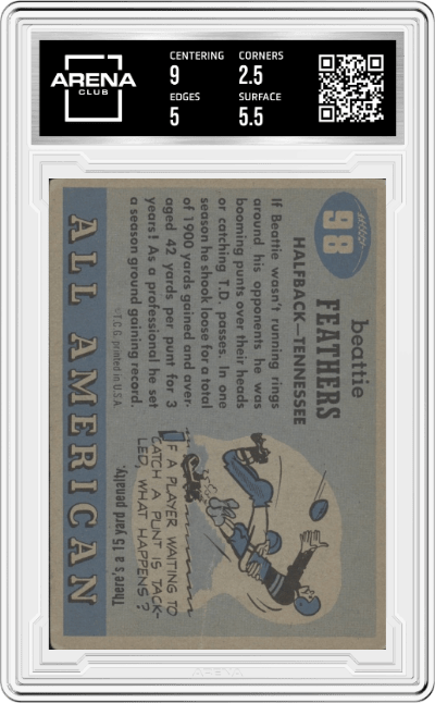 Beattie Feathers from the 1955 Topps All-American set graded by Arena Club and given an overall grade of 3.