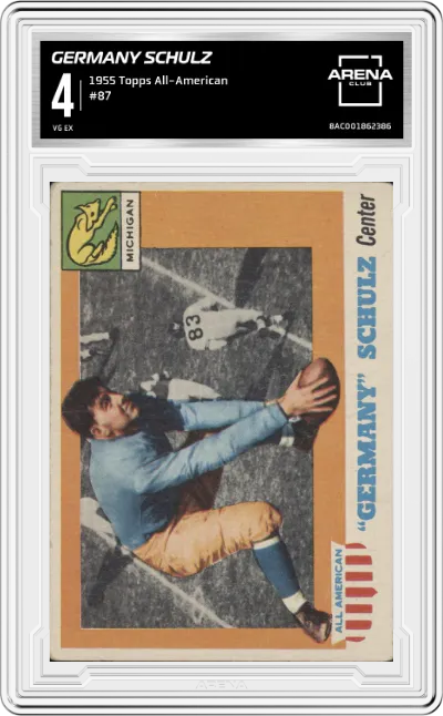 Germany Schulz from the 1955 Topps All-American set graded by Arena Club and given an overall grade of 4.