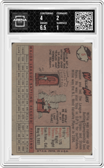Willie Mays from the 1958 Topps set graded by Arena Club and given an overall grade of 1.5.