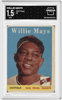 Willie Mays from the 1958 Topps set graded by Arena Club and given an overall grade of 1.5.