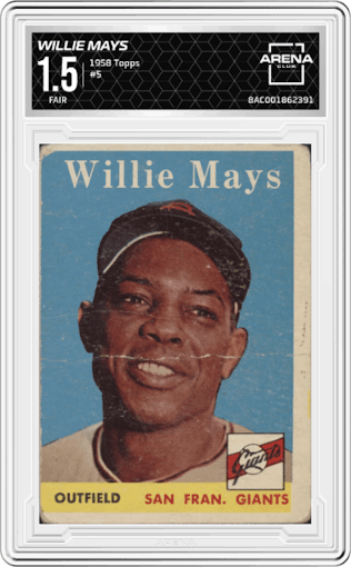 Willie Mays from the 1958 Topps set graded by Arena Club and given an overall grade of 1.5.