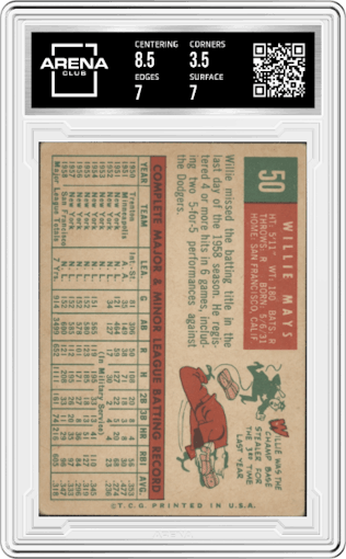 Willie Mays from the 1959 Topps set graded by Arena Club and given an overall grade of 4.